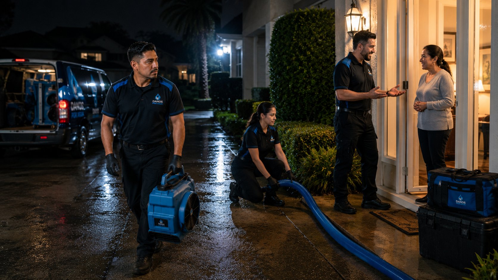 Equipo de Daños Por Agua llegando a una emergencia residencial de noche
