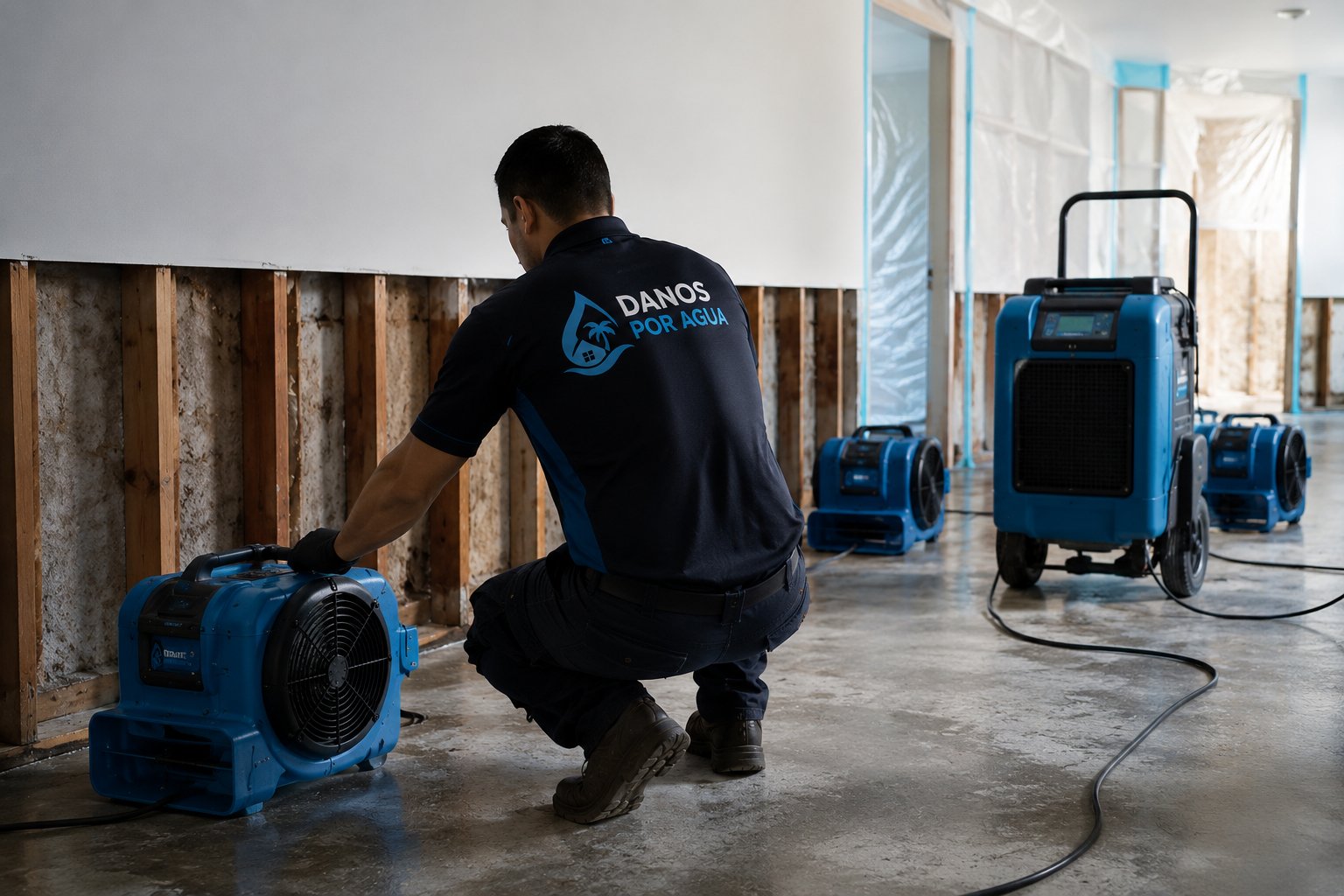 Técnico de Daños Por Agua instalando ventiladores y deshumidificadores para secado estructural