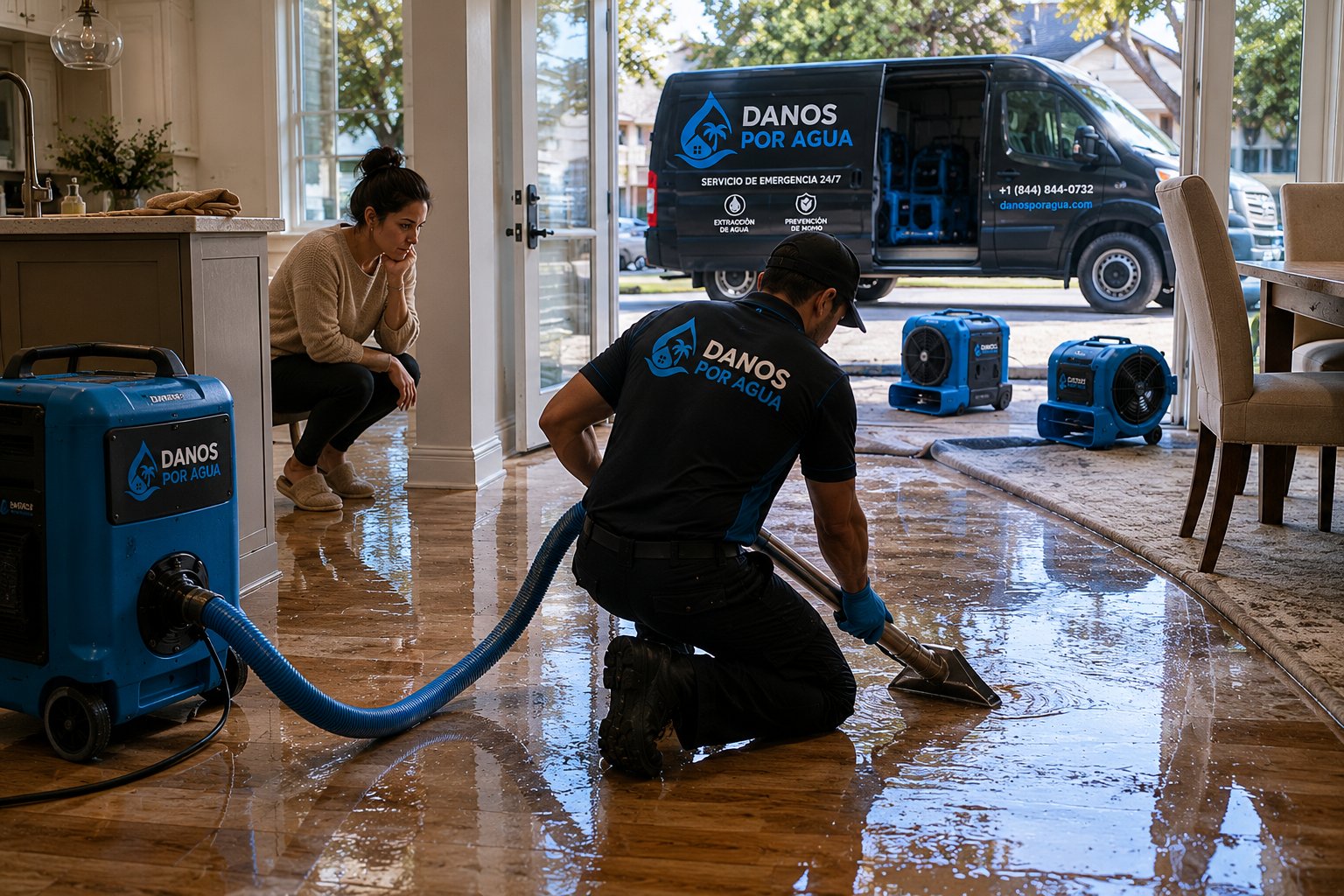 Técnico de Daños Por Agua extrayendo agua de un piso inundado